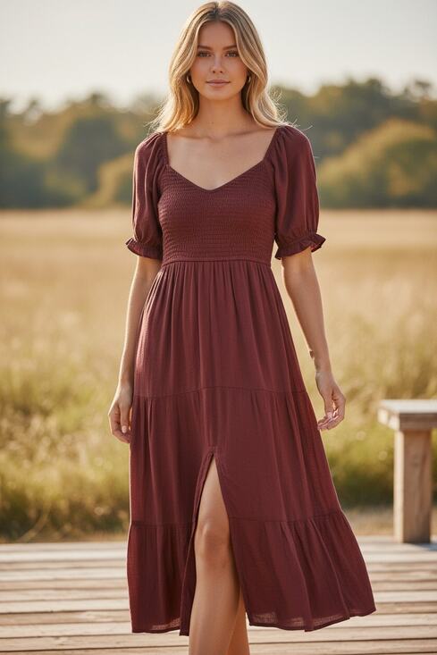 Abercrombie & Fitch Dresses & Skirts - Abercrombie & Fitch Burgundy Red Smocked Puff Sleeve Slit Maxi Dress Size XS
